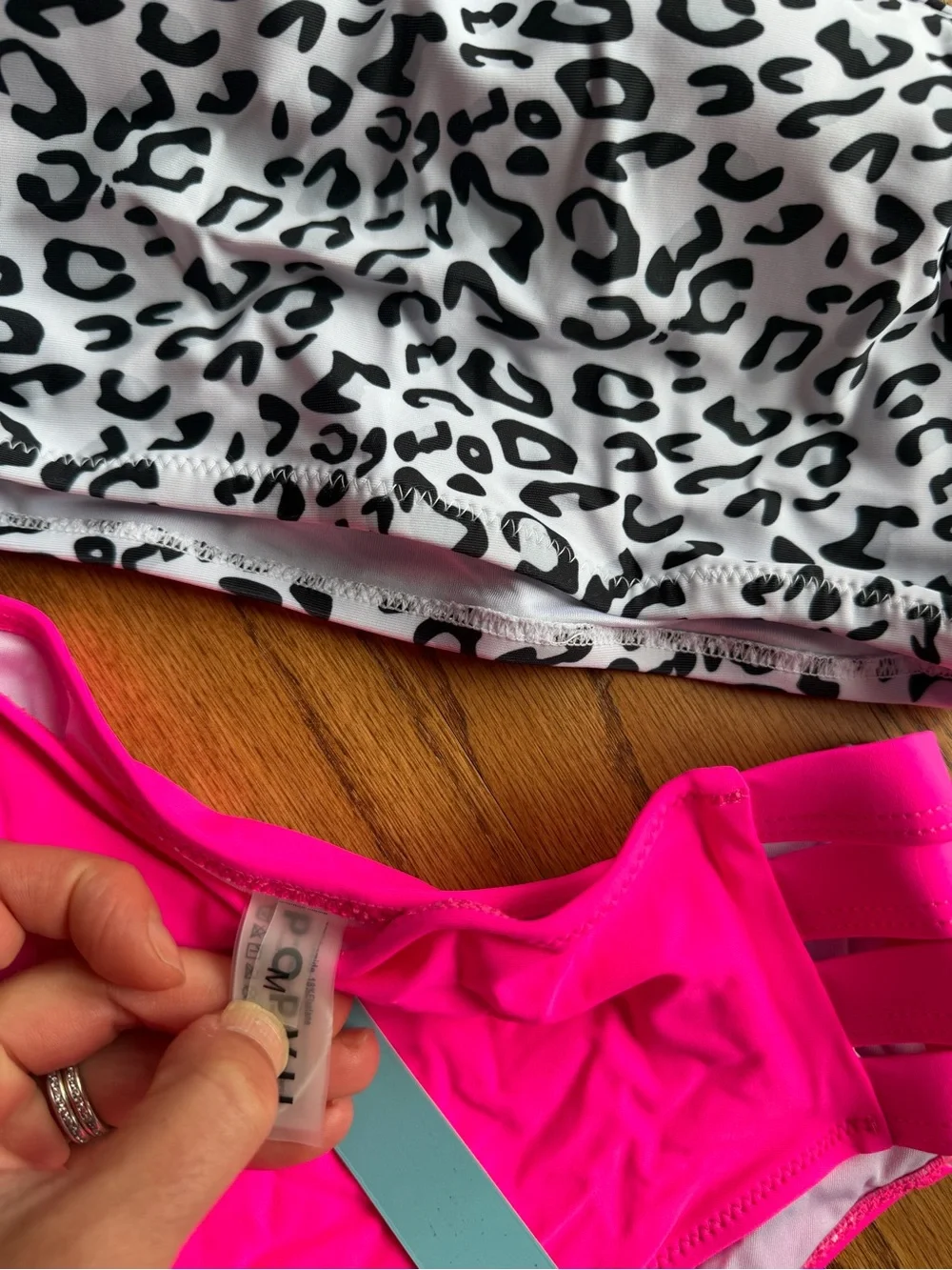 One-Shoulder Leopard Print Bikini Top with Hot Pink High-Waist Bottom